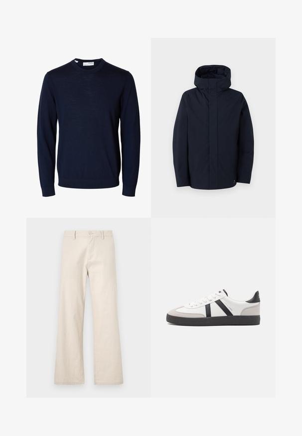 Samsøe Samsøe JOHN JACKET - Veekindel jope - salute; Tumesinise värvusega pika varrukaga ümara kaelusega kampsun soonikutega mansettide ja äärega, valmistatud peenest kudumist.; Beežid laiad püksid kerge kangaga, nupuga sulgemine ja eesmine taskud, sileda, tekstuurita pinnaga.; Valged tossud mustade ja hallide aktsentidega, tekstureeritud halli varbakattega, musta kummitald ja lamedad valged paelad. Puhtad jooned, minimalistlik stiil.
