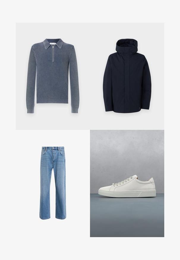 Samsøe Samsøe JOHN JACKET - Veste imperméable - salute; Pull-over en maille côtelée bleu marine foncé avec un col à revers et une fermeture éclair à mi-longueur. Manches longues et poignets ajustés caractérisent ce modèle.; Jeans en denim bleu clair avec une coupe droite, cinq poches, fermeture à bouton, peu d'usure et des détails de couture contrastés.; Baskets en cuir blanc avec un bout arrondi, design minimaliste, lacets gris et semelle en caoutchouc gris texturé. Détails de couture subtils visibles.