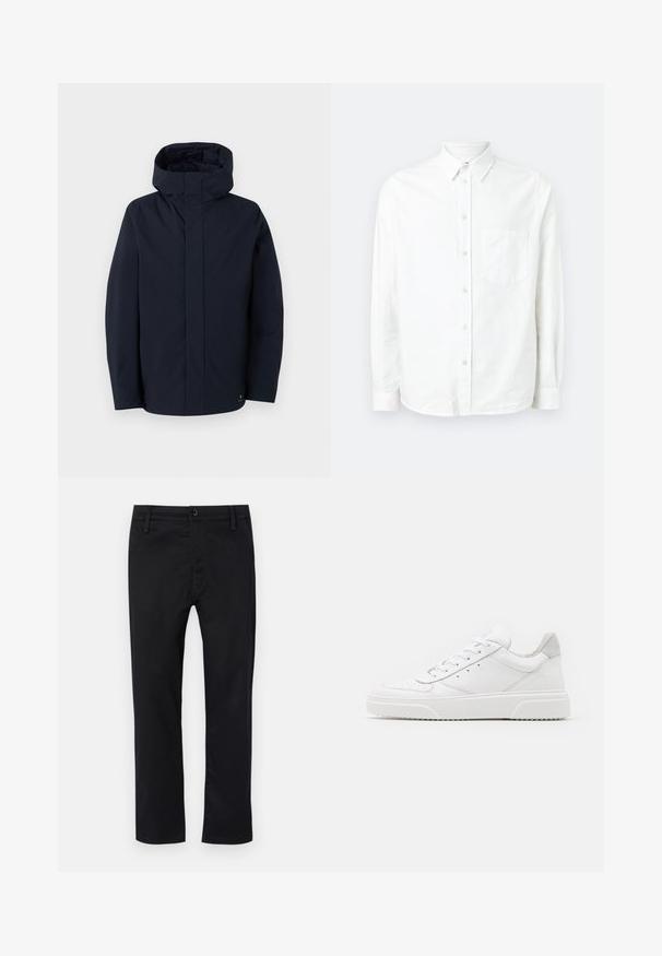 Samsøe Samsøe JOHN JACKET - Regenjas - salute; Witte lange mouwen knoopshirt gemaakt van lichtgewicht stof. Heeft een voorzak, klassieke kraag en een subtiele textuur.; Zwarte broek van gladde stof, met een rechte voorkant, standaard taille met riemlussen en rechte pijpen. Klassiek ontwerp zonder patronen.; Witte leren sneakers met een gladde afwerking, ronde neus, platte veters en een gestructureerde zool. Grijze suède accent bij de hiel.