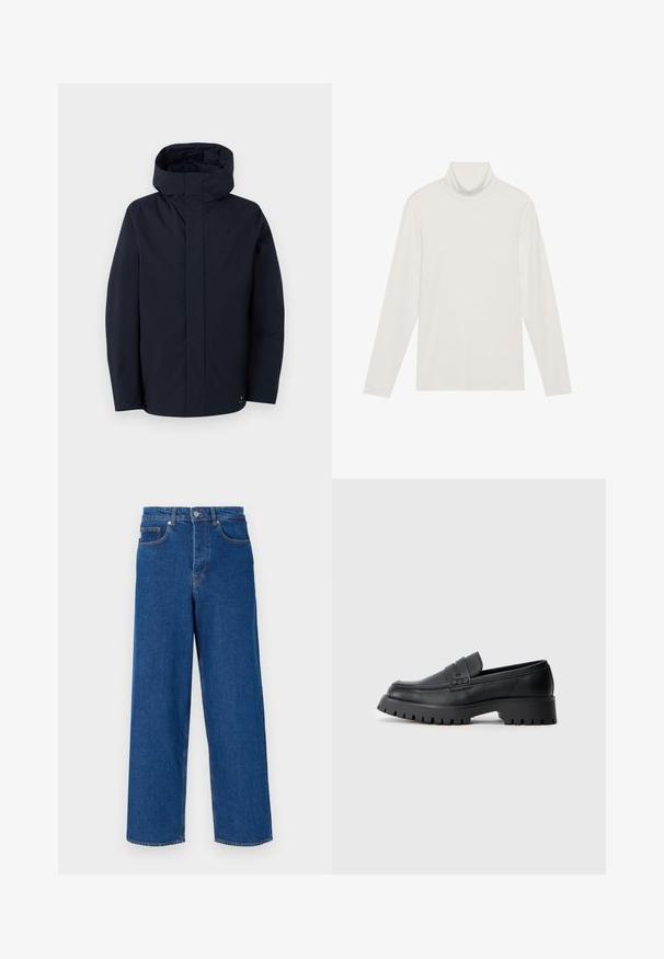 Samsøe Samsøe JOHN JACKET - Vodotesná bunda - salute; Dlhý rukáv, rolák v bielej farbe. Mäkčí, elastický materiál s priliehavým strihom. Obsahuje vysoký golier a minimálne švy.; Široké modré džínsy vyrobené z denimu, s vysokým pásom, piatimi vreckami a kontrastným prešívaním pozdĺž švov a vreciek.; Čierne kožené mokasíny s okrúhlou špičkou, ktoré majú dekoračný pásik a masívnu gumovú podrážku s hlbokým dezénom pre lepšiu trakciu.