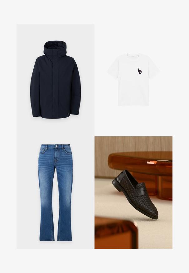 Samsøe Samsøe JOHN JACKET - Impermeable - salute; Camiseta de algodón blanca con cuello redondo y mangas cortas, con un logo bordado en marinero en la parte izquierda del pecho.; Vaqueros acampanados de mezclilla en azul medio. Presentan un diseño de cinco bolsillos, detalles cosidos, un cierre de botón y una textura ligeramente desgastada en las piernas.; Zapato mocasín de cuero negro tejido colocado sobre una alfombra clara con una mesa curva de vidrio ámbar en el fondo.