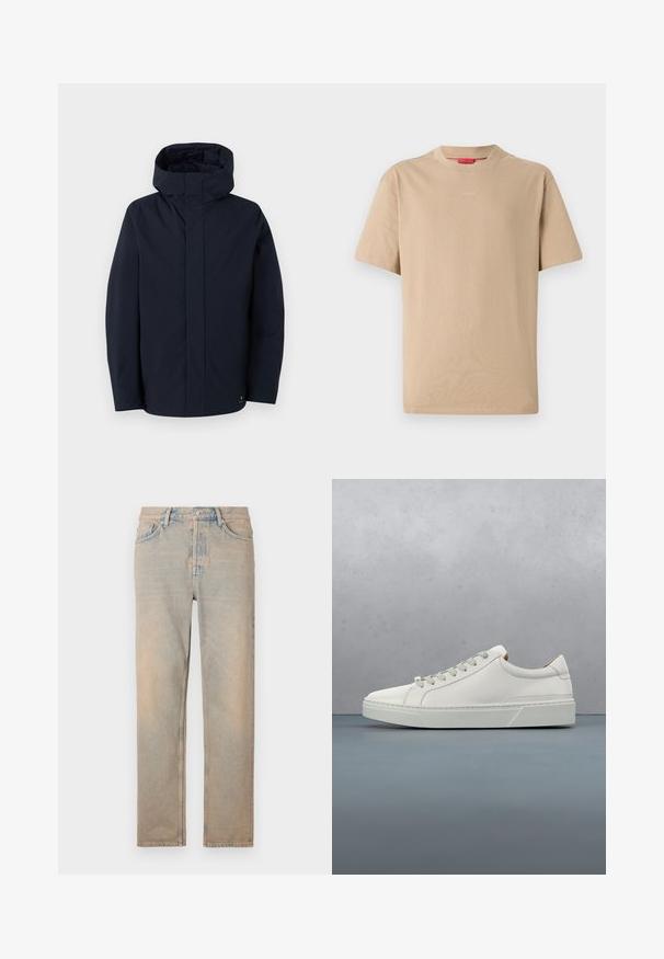 Samsøe Samsøe JOHN JACKET - Regnjakke / vandafvisende jakker - salute; Beige bomulds T-shirt med korte ærmer, rund halsudskæring og subtilt "HUGO" logo i midten. Glat overflade, afslappet pasform.; Lys beige denim jeans med lige snit. Har fem lommer, en knaplukning og diskret falmning langs stoffets overflade.; Hvid lædersneaker med rund tå, minimalistisk design, grå snørebånd og en tekstureret grå gummisål. Subtile syningsdetaljer er synlige.