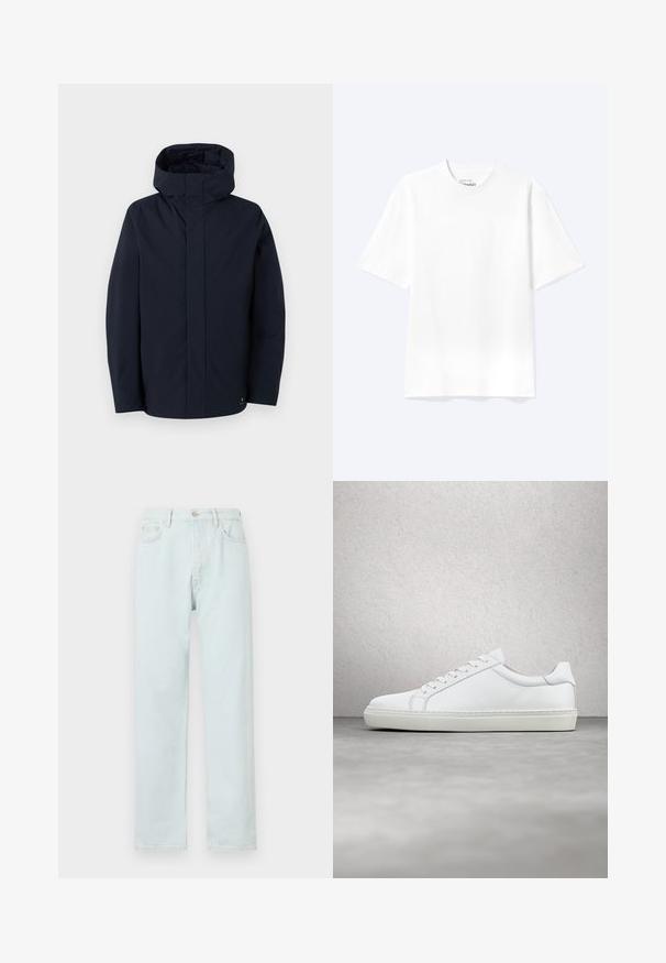 Samsøe Samsøe JOHN JACKET - Veste imperméable - salute; T-shirt blanc uni à manches courtes et col rond avec une coupe décontractée, présenté sur un fond clair.; Jean droit bleu clair en denim, avec fermeture à bouton, décoloration subtile et design à cinq poches.; Sneaker blanche avec une tige en cuir lisse et un profil bas. Présente un bout arrondi, six œillets et une semelle en caoutchouc texturé.