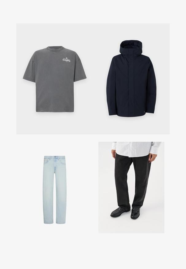 Samsøe Samsøe JOHN JACKET - Impermeable - salute; Camiseta de manga corta de color gris oscuro con cuello redondo y pequeño logo blanco "ALLSAINTS" en la parte superior izquierda del pecho.; Vaqueros de mezclilla azul claro con corte recto, cierre frontal con botón y cremallera, trabillas para cinturón y bolsillos delanteros.; Pantalones de mezclilla negros combinados con mocasines negros brillantes. La camisa es blanca con finas rayas verticales, de mangas largas y con cuello abotonado.