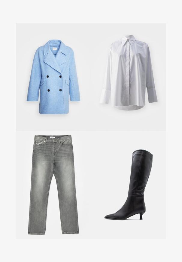Manteau double boutonnage bleu clair en tissu texturé. Présente de grands boutons noirs, des revers pointus et deux poches avant. Manches courtes.; Chemise blanche à manches longues en un mélange de coton lisse, avec un col classique, une fermeture à boutons centrale et de larges poignets.; RE/DONE EASY - Jean droit - grigio; Botte noire en cuir jusqu'au genou avec un bout pointu et un talon fin. Texture lisse avec un design de tige ajustée et une quincaillerie minimale.