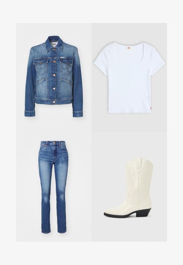 Denimjack in licht en donkerblauw, met koperen knopen, twee borstzakken en gestikte accenten in een klassiek ontwerp.; Witte korte mouwtop met een vierkante halslijn, gemaakt van ribbelstructuur stof. Heeft een klein rood logo etiket aan de onderkant aan de linkerkant.; Blauwe denim jeans met een rechte pasvorm, hoge taille en subtiele vervaging. Beschikt over een knoopsluiting en een klassieke vijf-pocket stijl. Textuur is soepel.; Witte westernlaars tot halverwege de kuit met puntige neus, zwarte gestapelde hak, decoratieve stiknaden en een lus aan de schacht.