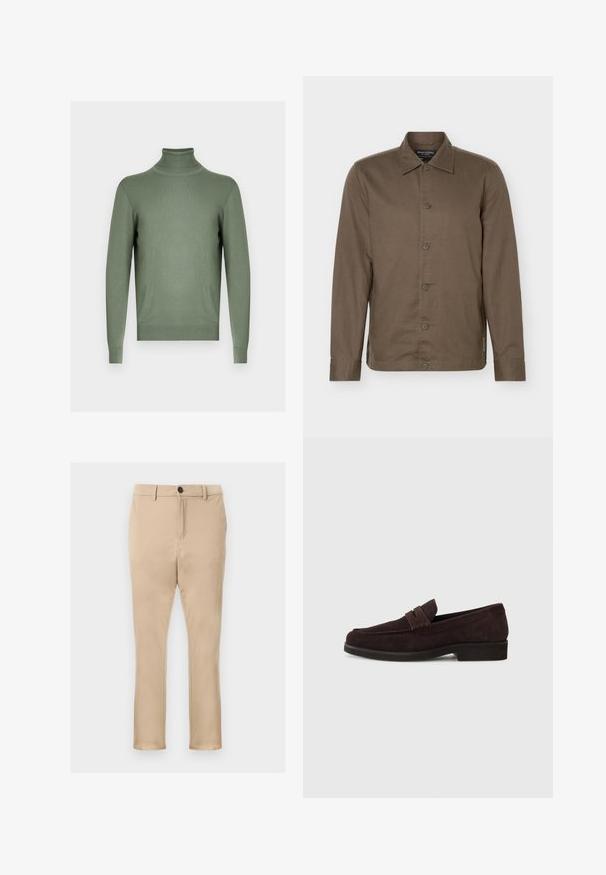 Chemise marron à manches longues à boutons, col, six boutons sur le devant et coupe slim.; Pull vert à manches longues avec col roulé, col, poignets et ourlet côtelés, présenté sur un fond gris neutre.; Chinos beiges en tissu lisse, avec une coupe droite, des poches avant, et une fermeture à un seul bouton noir à la taille.; Mocassins en daim marron avec une silhouette basse et un embout arrondi. Présentent une sangle décorative sur le dessus, une semelle en caoutchouc plate et sans couture visible.