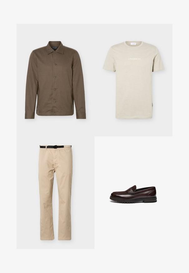 Brun langærmet skjorte med krave, seks knapper foran og en slank pasform.; Beige kortærmet rundhalset skjorte med "LINDBERGH" trykt i hvidt centreret på brystet mod en ensfarvet baggrund.; Beige bukser med lige ben, sort justerbart bælte, elastik i taljen på den ene side og detaljer med søm foran.; Brune læder loafers med en ruskindsdetalje, rund tå og tekstureret gummisål. Har syet detaljering og en let hæl.