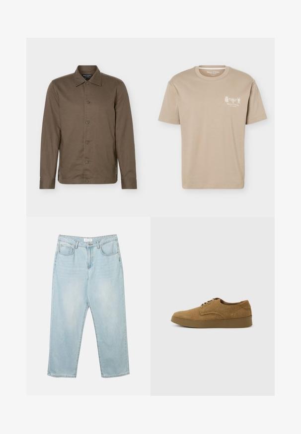 Chemise marron à manches longues à boutons, col, six boutons sur le devant et coupe slim.; T-shirt beige à manches courtes avec col rond, présentant de petits motifs d'insectes et le logo "Marc O'Polo" sur la poitrine gauche.; Jean en denim bleu clair avec une coupe décontractée, cinq poches, une fermeture à bouton et un léger délavage. La texture est douce et légèrement usée.; Chaussure décontractée à lacets en daim marron avec semelle en caoutchouc plate, vue de côté sur un fond clair uni.