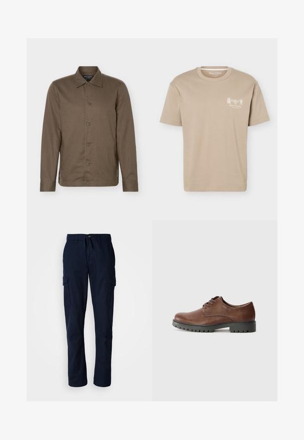 Chemise marron à manches longues à boutons, col, six boutons sur le devant et coupe slim.; T-shirt beige à manches courtes avec col rond, présentant de petits motifs d'insectes et le logo "Marc O'Polo" sur la poitrine gauche.; Pantalons cargo bleu marine en tissu durable, dotés de deux poches latérales et d'une taille à cordon de serrage pour un ajustement réglable.; Chaussure oxford en cuir marron avec une texture lisse, bout rond et semelle extérieure en caoutchouc noir avec un motif de semelle. Lacets fixés à l'avant.
