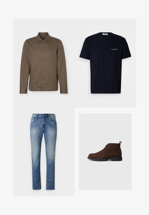 Brun langærmet skjorte med krave, seks knapper foran og en slank pasform.; Marineblå bomuld t-shirt med korte ærmer og rund hals, med en lille hvid broderet logo på venstre side af brystet.; Lyseblå denimjeans med lige pasform, fem lommer og en lysvasket finish. Har en knaplukning og bæltestropper.; Brune ruskindsankelstøvler med rund tå, snøredesign og en lille hæl. Har en løkke bagpå for nem påtagning.