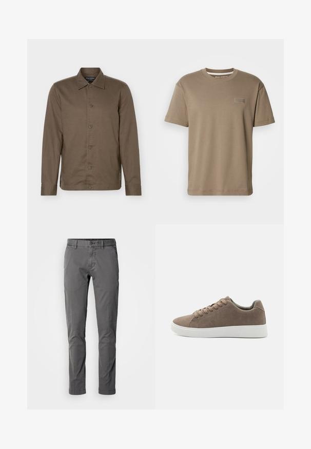 Camisa marrón de manga larga con botones, cuello, seis botones en el frente y un diseño ajustado.; Camiseta de algodón de manga corta en color caqui, con cuello redondo y un pequeño parche de logo en el frente. Textura suave, corte casual.; Pantalones de algodón gris de corte slim con cierre de botón, bolsillos laterales y una textura suave. Presentan un diseño clásico y una silueta ajustada.; Zapatillas de ante marrón con suelas de goma blanca planas, diseño de cordones, punta redondeada y una textura suave. Estilo minimalista con sutiles detalles de costura.
