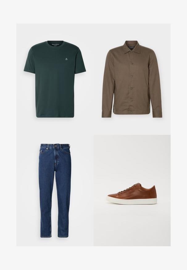 Camisa marrón de manga larga con botones, cuello, seis botones en el frente y un diseño ajustado.; Camiseta verde oscuro hecha de tela suave, con cuello redondo y mangas cortas. Logo bordado en el lado izquierdo del pecho.; Jeans de mezclilla de color azul oscuro, con diseño de pierna recta, estilo de cinco bolsillos y costuras visibles a lo largo de las costuras.; Zapatilla de cuero marrón con punta redondeada, suela de goma blanca y líneas limpias. Cuenta con un cierre con cordones y un sutil logo en el lateral.