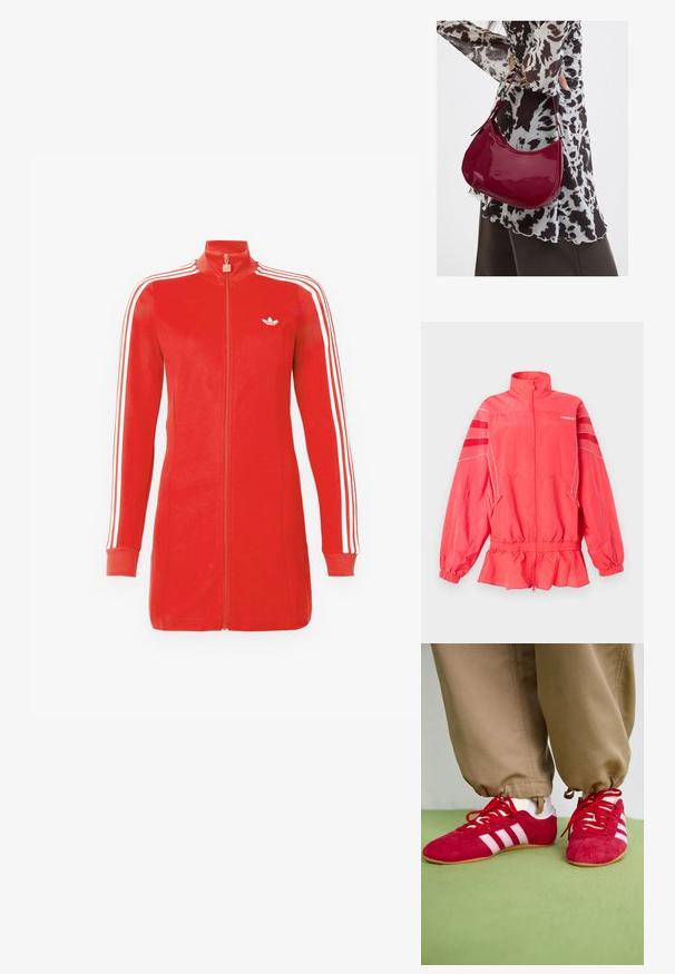 Korálovo ružová Adidas bunda na zips s vysokým golierom, elastickým pásom a manžetami, bielym lemovaním a diagonálnymi pruhmi na rukávoch.; Červená športová bunda na zips s dlhým rukávom a bielymi pruhmi na rukávoch, s bielym logom Adidas na ľavej hrudi.; Červené semišové športové topánky s bielymi pruhmi, plochou gumovou podrážkou a červenými šnúrkami. Nosia sa s béžovými nohavicami, umiestnené na zelenej ploche.; Žena v čierno-bielom vzorovanom blúzke drží lesklú červenú kabelku cez rameno na jednofarebnom pozadí.