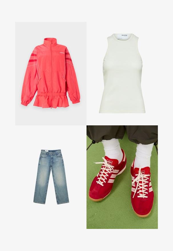 Korallenrosafarbene Adidas-Reißverschlussjacke mit hohem Kragen, elastischem Bund und Bündchen, weißen Paspeln und diagonalen Streifen an den Ärmeln.; Ärmelloses weißes geripptes Tanktop mit rundem Ausschnitt von Selected Femme, zeigt Vorderansicht ohne Muster oder Dekorationen.; Hellblaue Jeans mit geradem Bein, vorne mit Taschen, Gürtelschlaufen und Knopfverschluss, dargestellt auf weißem Hintergrund.; Rote Wildleder- und Mesh-Sportschuhe mit weißen Streifen und Schnürsenkeln. Gummisohle. Getragen mit weißen gerippten Socken auf einer grünen strukturierten Oberfläche.