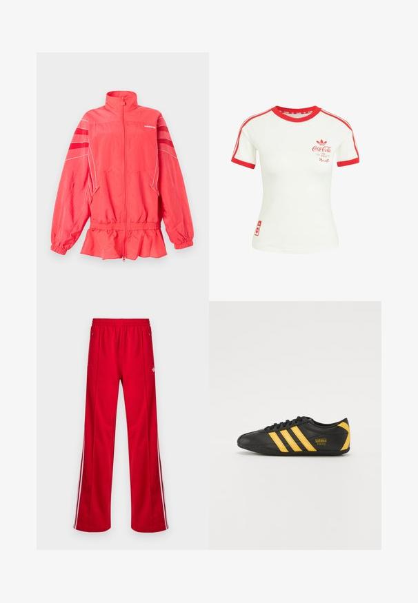 Koralfarvet Adidas lynlåstrøje med høj krave, elastisk talje og ærmekanter, hvide striber og diagonale striber på ærmerne.; Hvid T-shirt med korte ærmer med rød krave, ærmekant, striber og Coca-Cola-logo på brystet og nederste side.; Røde athletic bukser med løs pasform, elastisk talje, to sidelommer og hvide sidestriber. Fremstillet af glat, syntetisk materiale.; Sort lædersportssko med gult tre-stribe design, rund tå, sorte snørebånd og lille logo på siden. Lavprofil silhuet.