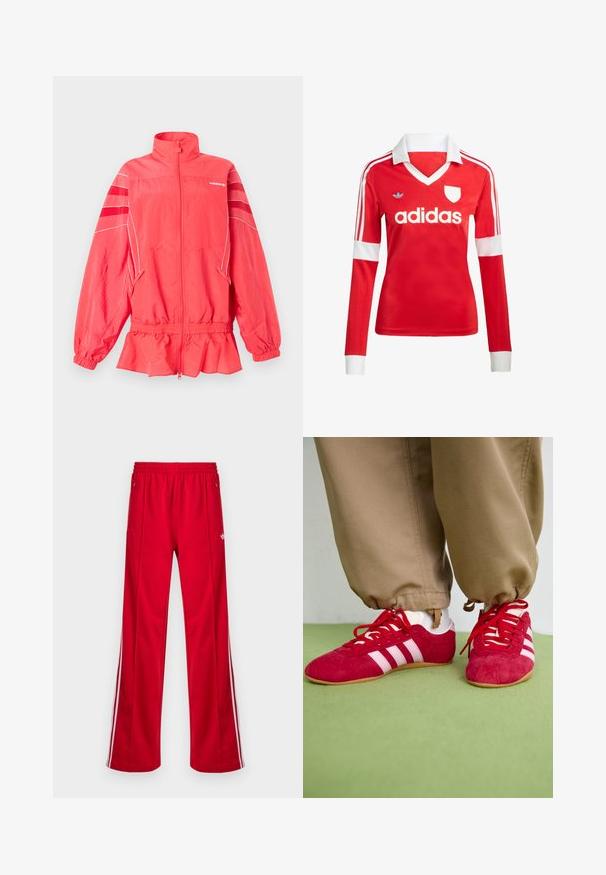 Koraalroze Adidas jas met ritssluiting, hoge kraag, elastische taille en manchetten, witte bies en diagonale strepen op de mouwen.; Rode lange mouwen voetbalshirt met een witte kraag en manchetten. Heeft drie witte strepen op de schouders en het "adidas" logo prominent weergegeven.; Rode sportieve broek met een losse pasvorm, elastische tailleband, twee zijzakken en witte zijstrepen. Gemaakt van glad, synthetisch materiaal.; Rode suède sportschoenen met witte strepen, vlakke rubberen zool en rode veters. Draag met beige broeken, gepositioneerd op een groene ondergrond.