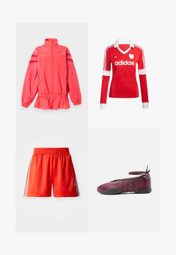 Korálovo ružová Adidas bunda na zips s vysokým golierom, elastickým pásom a manžetami, bielym lemovaním a diagonálnymi pruhmi na rukávoch.; Červený futbalový dres s dlhým rukávom a bielym golierom a manžetami. Na ramenách sú tri biele pruhy a výrazne zobrazené logo "adidas".; Červené športové šortky s vertikálnymi bielymi pruhmi, elastickým pásom a svetlomodrými akcentmi po stranách. Obsahujú bočné vrecká.; Burgundské balerínky s čiernou podrážkou, elastickými remienkami na členku zviazanými do mašle a prešívanými detailmi na bokoch, zobrazené z vonkajšej strany.