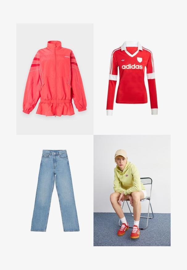 Korallenrosafarbene Adidas-Reißverschlussjacke mit hohem Kragen, elastischem Bund und Bündchen, weißen Paspeln und diagonalen Streifen an den Ärmeln.; Rotes Fußballtrikot mit langen Ärmeln, weißem Kragen und weißen Ärmelbündchen. Es hat drei weiße Streifen auf den Schultern und das "adidas"-Logo ist auffällig platziert.; Hellblaue Jeans aus Denim mit hoher Taille, gerader Beinform, fünf Taschen und einem Knopfverschluss. Keine sichtbaren Muster.; Helle grüne Kapuzenjacke mit Logo, weiße Shorts, rote Sneakers mit weißen Streifen, sitzend auf einem verchromten Klappstuhl vor einem neutralen Hintergrund.