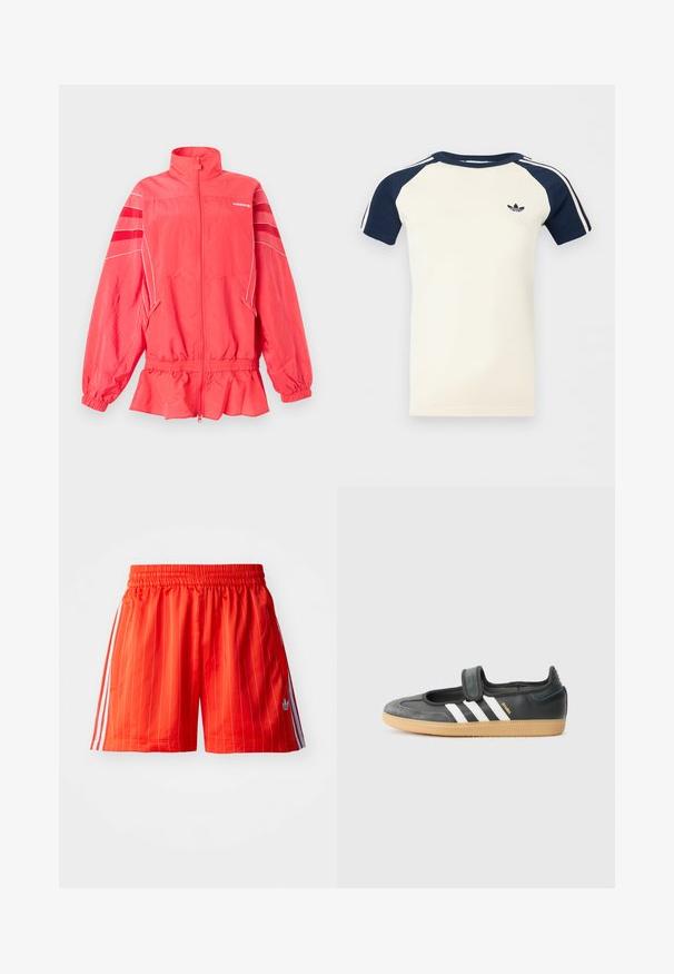 Korálovo ružová Adidas bunda na zips s vysokým golierom, elastickým pásom a manžetami, bielym lemovaním a diagonálnymi pruhmi na rukávoch.; Krémová košeľa s krátkym rukávom a námorníckomodrými raglánovými rukávmi, biele pruhy na rukávoch a malým čiernym logom Adidas na hrudi.; Červené športové šortky s vertikálnymi bielymi pruhmi, elastickým pásom a svetlomodrými akcentmi po stranách. Obsahujú bočné vrecká.; Čierne kožené a zamšové tenisky s Velcro pásikom, s tromi bielymi pruhmi a gumenou podrážkou, označené nápisom "SAMBA" na boku.