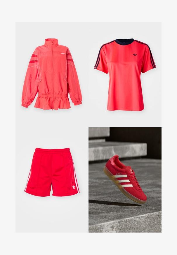 Koralfarvet Adidas lynlåstrøje med høj krave, elastisk talje og ærmekanter, hvide striber og diagonale striber på ærmerne.; Rød sports t-shirt med korte ærmer, der har lodrette striber, en marineblå rund hals og et lille sort logo på forsiden.; Røde sports shorts med elastisk talje, der har hvide sideløbninger og et broderet logo nederst til venstre. Glat tekstur.; Rød ruskinds-sneaker med hvide striber, flad gummisål og tekstureret hæl. Har "Gazelle"-mærkning på siden og rundet tådesign.
