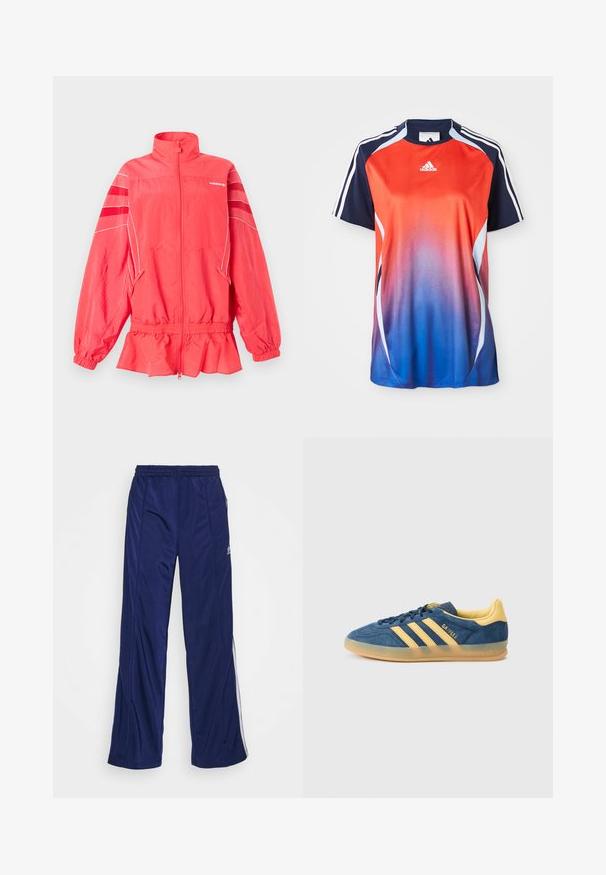 Korallroosa Adidas lukuga jakk kõrge krae, elastse vöökoha ja varrukakätistega, valgete triipudega ning diagonaalsete triipudega varrukatel.; Adidase lühikeste varrukatega spordipluus, millel on punasest siniseks üleminek, tumesinised aktsendid ja valged triibud õlgade äärte ümber.; Tumedad spordipüksid elastse vöökohtiga, sirgete jalgade ja külgzippidega. Külgedel on valged äärised. Sile kangastekstuuri.; Sinised seemisnahast tossud kollaste aktsentidega, millel on kolm kollast triipu, tekstuuriga keel ja läbipaistev kummist tallalõik. Brändinimi "Gazelle" on nähtav.