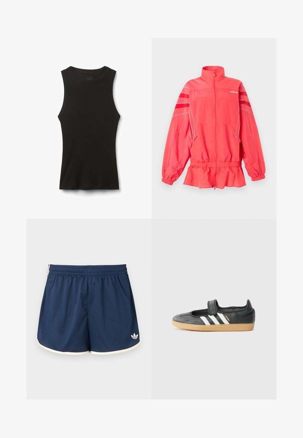 Koraalroze Adidas jas met ritssluiting, hoge kraag, elastische taille en manchetten, witte bies en diagonale strepen op de mouwen.; Zwart geribbeld mouwloos tanktop met ronde hals, korte lengte en aansluitende silhouet, plat gelegd op een witte achtergrond.; Marineblauwe sportshorts met elastische tailleband, witte bies, ademende meshstof en Adidas-logo op het onderste rechterbeen.; Zwarte leren en suède sneaker met een klittenbandsluiting, voorzien van drie witte strepen en een gumzool, met de naam "SAMBA" aan de zijkant.