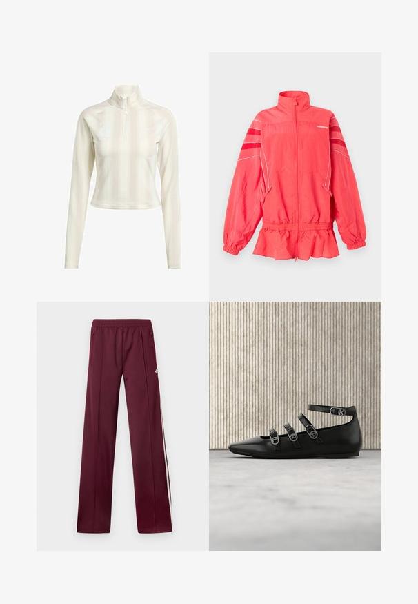 Koralfarvet Adidas lynlåstrøje med høj krave, elastisk talje og ærmekanter, hvide striber og diagonale striber på ærmerne.; Hvid langærmet zip-up top med høj krave, der har subtile lodrette striber og logoaccenter på brystet og ærmet. Blødt stof.; Bordeaux løbebukser med elastisk taljebånd, sidelommer med lynlås, hvide sidelommer og et lille hvidt Adidas-logo på højre lår.; Sort læder flad sko med spids tå, der har tre justerbare remme og metalspænder. Glat tekstur og minimalistisk design.