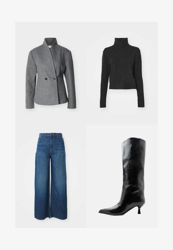 Hall halli ebaühtlane villane bleiser kõrge krae, pikkade varrukatega ja kahe musta nupuga ees.; Must have mustahke helmed turtleneck sviiter pehmes, tekstuurses kangas, millel on pikad varrukad ja soonikkoes lisad kaeluses ja ääres.; Kõrge vöökohaga laiad sinised teksapüksid, millel on ees taskud, vöölõngad, nööbiga kinnitamine ja nähtavad õmblused valgel taustal.; Mustad läikivad põlveni ulatuvad nahast saapad terava varba ja madala kõverdatud kontsaga ühevärvilisel heledal taustal.