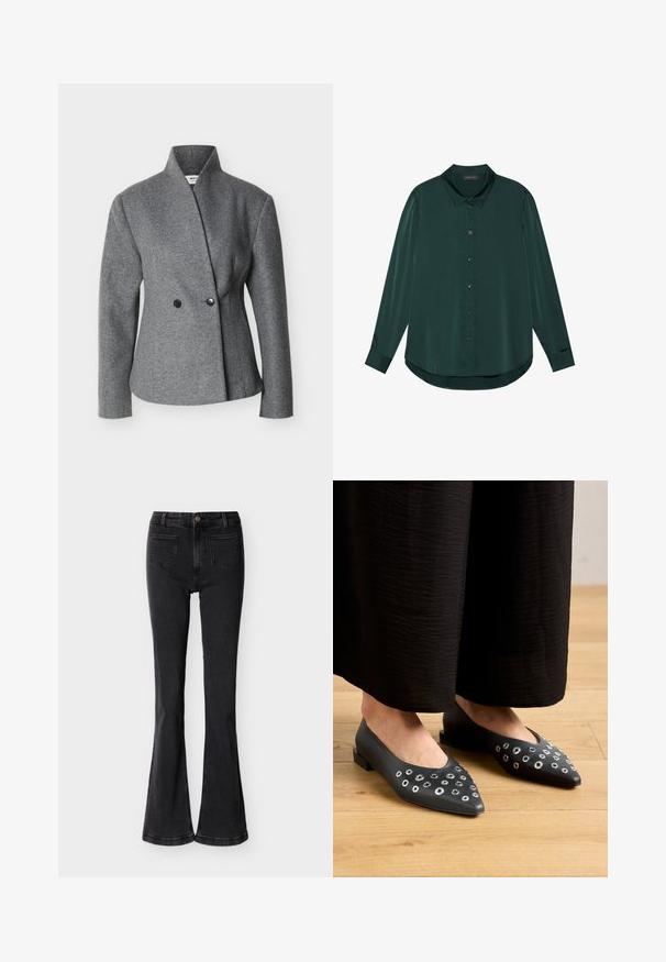 Grå asymmetrisk uldblazer med høj krave, lange ærmer og to sorte knapper foran.; Mørkegrøn langærmet skjorte i glat stof med spids krave, knaplukning foran og rundet kant.; Sorte jeans med høj talje og vidde forneden, med forlommer, bæltestropper, knaplukning og synlige sømme på en ensfarvet lys baggrund.; Sorte læderflade sko med spidse tæer, dekoreret med metaløje accenter i forskellige størrelser og en lav firkantet hæl. Glat struktur på trægulv.