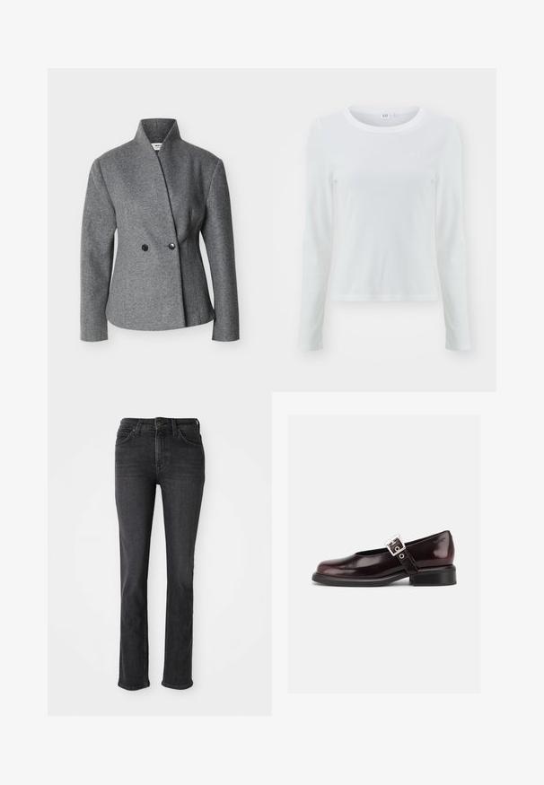 Blazer gris asymétrique en laine avec col montant, manches longues et deux boutons noirs à l'avant.; GAP TEE - T-shirt à manches longues - white; Jean droit noir avec poches avant et arrière, passants de ceinture, et fermeture à bouton et zip.; Chaussure Mary Jane unique brillante couleur bordeaux foncé avec une large bride et une boucle argentée, talon bloc bas et bout arrondi sur fond blanc.
