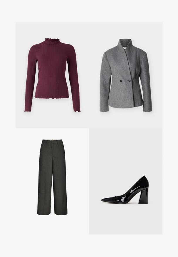 Grå asymmetrisk uldblazer med høj krave, lange ærmer og to sorte knapper foran.; Ribstrikket, langærmet, mørkelilla sweater med falsk flæsekrave og matchende flæsekanter på ærmer og kant.; Mørkegrå vidde bukser med bæltestropper og lynlås foran, vist mod en hvid baggrund.; Sorte lakerede højhælede sko med spids tå og en kraftig hæl, der har en glat, skinnende overflade og et elegant design.