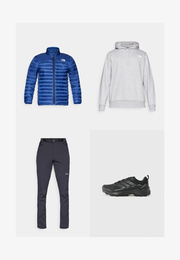Veste bleue matelassée avec un col montant, fermeture éclair avant intégrale et design matelassé horizontal. Comprend un logo sur le côté gauche de la poitrine.; Haut à capuche gris clair en matière douce, avec une poche kangourou, un capuchon ajustable à cordon, et un petit logo sur la poitrine.; Pantalons résistants à l'eau en gris foncé, fabriqués en tissu durable. Les caractéristiques incluent une ceinture, des poches latérales et des ouvertures zippées aux chevilles.; Chaussure de sport noire avec un dessus en tissu texturé, trois rayures argentées, un orteil renforcé et une semelle en caoutchouc robuste pour une meilleure adhérence.