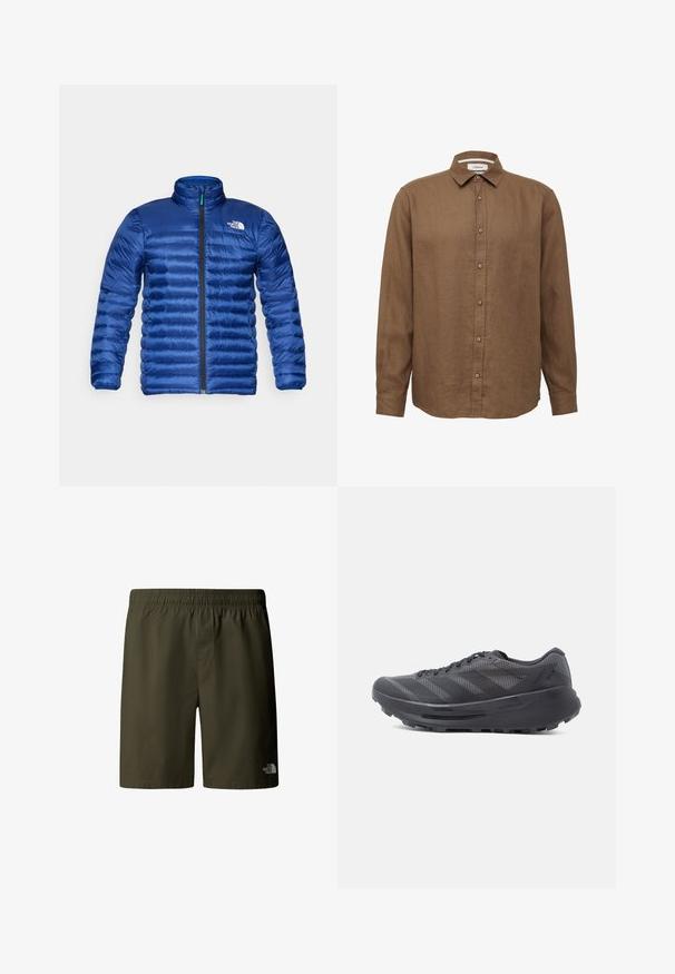 Gewatteerde blauwe jas met een staande kraag, een volledige rits aan de voorkant en een horizontaal gestikt ontwerp. Bevat een logo op de bovenste linkerkant van de borst.; Bruine lange mouwen blouse van gestructureerde stof, met een knoopsluiting aan de voorkant, een puntkraag en een gebogen zoom.; Olivengroene cargo shorts met een elastische tailleband en trekkoord, met een klein logo aan de onderzijde rechts. Glad, lichtgewicht stof.; Zwarte hardloopschoen met bovenwerk van mesh, gestructureerde overlay's en dikke rubberen zool. Voorzien van zes veterogen en een geprint ontwerp.