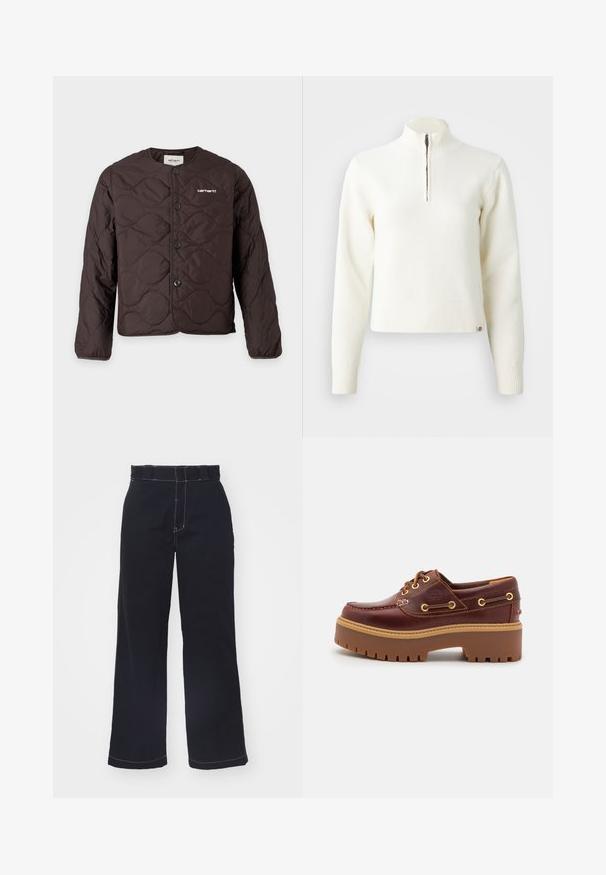 Donkerbruine doorgestikte jas met ronde hals, knoopsluiting aan de voorkant en klein wit Carhartt-logo op de linkerborst.; Witte sweater met ritssluiting en lange mouwen. Gemaakt van een zachte gebreide stof, met ribgebreide boorden en een zoom. Subtiele merklogo aan de zoom.; Donkerblauwe wijde broek van katoen met een hoge taille, met contrasterende witte stiksels en een schone, eenvoudige uitstraling.; Bruine leren botenschoenen met een stevige bruine rubberen zool, gouden ogen en contraststiksels. Heeft een logo aan de zijkant.