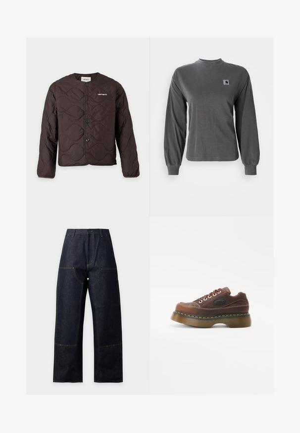 Veste matelassée marron foncé avec col rond, fermeture à boutons sur le devant et petit logo blanc Carhartt sur la poitrine gauche.; T-shirt à manches longues gris en coton, avec un col rond et des poignets élastiques, arborant un petit logo carré sur la poitrine.; Jean denim bleu foncé à jambes larges, taille haute, coutures jaunes visibles, fermeture à boutons sur le devant et grandes poches plaquées à l'avant.; Baskets plateformes en cuir marron avec une tige texturée, surpiqûres blanches, fermeture à lacets et accent jaune sur le bord de la semelle.