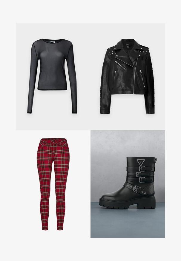 Mustat tekonahka-mototakki, jossa on hopeanväriset niitit, vetoketjulliset taskut ja epäsymmetrinen etulukitus; lyhyt pituus ja teksturoitu pinta.; Musta pitkähihainen läpikuultava verkkopaita pyöreällä pääntiellä ja vartalonmyötäisellä istuvuudella, esillä yksinkertaisella taustalla.; Punainen ruudullinen skinny farkut, joissa on istuva muotoilu, sisältää keltaisia ja mustia viivoja, nappisuljenta ja tavalliset etutaskut.; Musta nahkasaapas nilkkapituisena, jossa on kolme säädettävää solkivöitä, teksturoituja yksityiskohtia, pyöreä kärki, tukeva kumipohja ja metallinen logo-ylitys.
