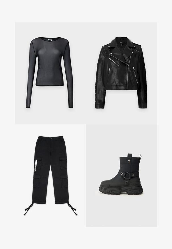 Chaqueta de moto de imitación de cuero negra con tachuelas plateadas, bolsillos con cremallera y un cierre frontal asimétrico; longitud corta y acabado texturizado.; Top negro de manga larga transparente de malla con cuello redondo y silueta ajustada, exhibido sobre un fondo liso.; Pegador TANAMI WIDE PANTS - Pantalones cargo - black; Botas de cuero negras a media pantorrilla con suela gruesa y resistente, correas decorativas con anillos metálicos y una lengüeta en un fondo blanco liso.