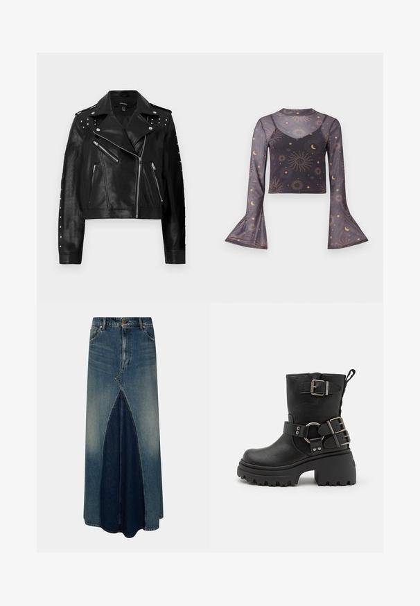 Chaqueta de moto de imitación de cuero negra con tachuelas plateadas, bolsillos con cremallera y un cierre frontal asimétrico; longitud corta y acabado texturizado.; Top corto negro de manga larga transparente con puños acampanados, patrón celestial de sol, luna y estrellas, que incluye una capa interior de camiseta sin mangas.; Falda maxi de mezclilla azul con pliegue invertido frontal, pasadores para cinturón, cierre de botón y cremallera, y detalles de lavado desgastado.; Botín negro de cuero con suela gruesa, hebillas y tiras decorativas, y un acabado texturizado. Cuenta con un asa para facilitar el calzado.