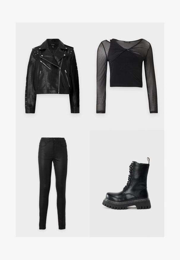 Veste de moto en cuir synthétique noir avec des clous argentés, poches zippées et fermeture frontale asymétrique ; longueur courte et finition texturée.; Haut court noir à manches longues avec un empiècement en maille transparente sur le haut de la poitrine, les épaules et les manches, doté d'un détail torsadé à l'avant du col.; Jean skinny noir taille haute avec poches avant et arrière, passants de ceinture et fermeture par bouton sur fond uni.; Botte de combat en cuir noir avec semelle épaisse à crampons, lacets à l'avant, fermeture éclair sur le côté et tirant sur un fond clair.