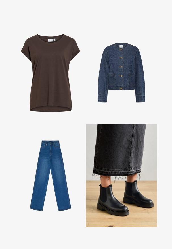 Blåsprakket denimjakke med rund halsudskæring, fem gyldne knapper foran og to forlommer med lapper.; Brun kortærmet løs t-shirt med rund hals og diskrete opsmøgede kanter, lavet af blødt stof.; Højtaljede, brede jeans lavet af blåt denim. Har lige snit, klassisk syning, forlommer og knaplukning.; Pavement MARIT - Plateaustøvletter - black
