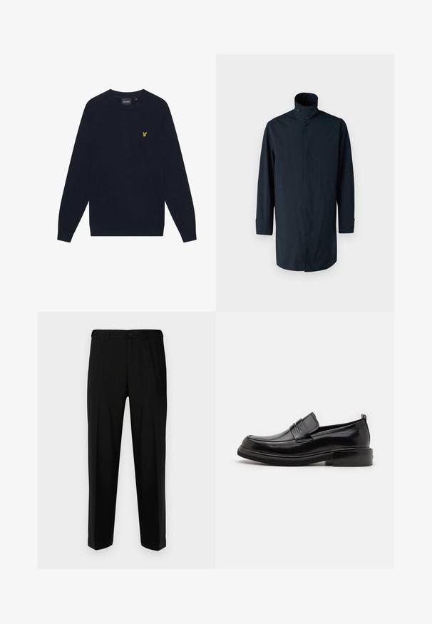 Marine vindjakke med høj krave, dobbelt knaplukning, lange ærmer og sidelommer. Fremstillet af letvægts, vandafvisende stof.; Mørkeblå langærmet crew neck sweater med et lille gult broderet ørnelogo på venstre bryst.; Sorte bukser lavet af glat stof, med lige snit, to forlommer og lynlås med knaplukning.; Calvin Klein MOCCASIN - Business loafers - black