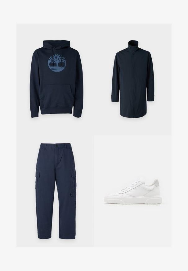 Marineblauwe windjack met hoge kraag, dubbele knoopsluiting, lange mouwen en zijzakken. Gemaakt van lichtgewicht, waterafstotende stof.; Navyblauwe hoodie van een mengsel van katoen, met een voorzak en een rond boomlogo in een lichtere blauw op de borst.; Marine cargobroek gemaakt van katoen. Beschikt over twee zijzakken, een knoopsluiting en een recht model. Glad textuur en casual pasvorm.; Witte leren sneakers met een gladde afwerking, ronde neus, platte veters en een gestructureerde zool. Grijze suède accent bij de hiel.