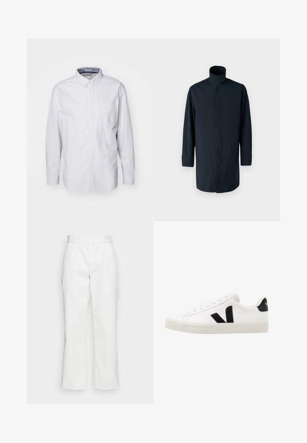 Veste coupe-vent marine avec col haut, fermeture à double bouton, manches longues et poches latérales. Fabriquée en tissu léger et résistant à l'eau.; Chemise à manches longues à boutons de couleur bleu clair avec des rayures blanches. Elle dispose d'un col, d'une poche poitrine et est en coton lisse.; Pantalons en coton blanc avec une coupe droite, passants de ceinture et poches latérales, possédant une texture lisse et un design minimaliste.; Sneaker blanche en cuir avec des accents en daim noir ; dispose d'une semelle en caoutchouc, d'un bout rond et d'un design classique à lacets. Logo latéral en noir.
