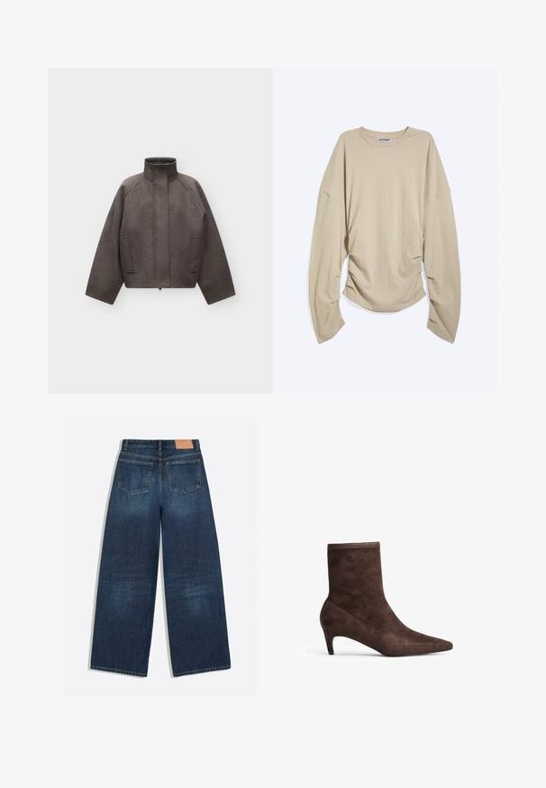 Donkergrijze wollen jas met hoge kraag, lange mouwen, voorzakken en een verborgen ritssluiting op een effen lichte achtergrond.; Beige shirt met lange mouwen en een ronde hals, met oversized mouwen en geplooide zijkanten, plat neergelegd op een witte achtergrond.; Donkerblauwe denim jeans met wijde pijpen, twee achterzakken en een bruin leren merkembleem aan de tailleband.; Bruine suède enkelboot met een spitse neus en slanke hak. Heeft een zachte textuur en een hoge schachtontwerp.
