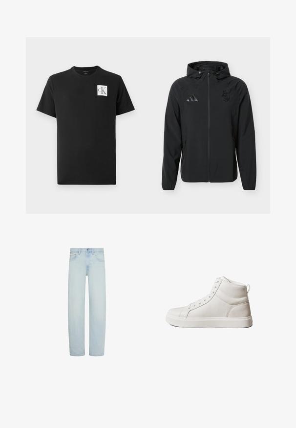 Sort fuld lynlåstrøje med hætte, med Adidas-logo på højre bryst og Real Madrid-emblem på venstre bryst.; Sort bomulds T-shirt med korte ærmer og rund hals. Har et hvidt firkantet logo med "CK" i sort på venstre bryst.; Lyseblå denimjeans med lige ben, foran knap- og lynlåslukning, bæltestropper og forlommer.; Hvid højt snørestøvle i struktureret læder med snørelukning foran, polstret krave, trækketag ved hælen og flad gummisål.