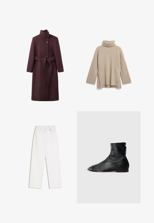 Bordeaux wollen jas met een hoge kraag, voormonsters en een stoffen riem. Heeft lange mouwen en een rechte pasvorm.; Beige geribbelde coltrui met een relaxed fit, voorzien van lange mouwen en een zijsplit aan de onderkant, gemaakt van een zachte, textuurrijke breisels.; Witte jeans met rechte pijpen, voorzien van knopen en rits aan de voorkant, vijfzakkenmodel en riemlussen, plat neergelegd op een witte achtergrond.; Zwarte leren enkellaarzen met een puntige neus, een gladde textuur en een rits aan de zijkant voor gemakkelijk aan- en uittrekken. Lage hak, minimalistische stijl.