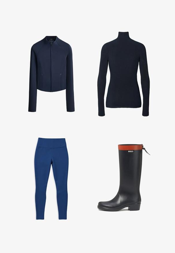 Veste bleu marine à manches longues avec fermeture éclair, texture côtelée sur les manches et les côtés, col montant et deux poches avant zippées.; Pull à col roulé bleu marine à manches longues avec une silhouette ajustée et un design uni, montré de dos.; Collants bleu marine en tissu extensible, dotés d'une large ceinture et d'accents en maille latérale, conçus pour le confort et la flexibilité.; Botte en caoutchouc noire, montante jusqu'au genou, avec une bande d'accent rouge en haut, présentant une finition mate et un talon solide et carré. Logo distinctif affiché.