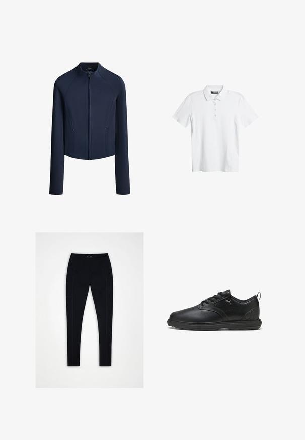 Marineblå langærmet lynlåsjakke med ribbet tekstur på ærmer og sider, stående krave og to lynlåslommer foran.; Hvid polo t-shirt med et diskrét bølgemønster, korte ærmer og en tre-knaps placket. Fremstillet af et glat, let stof.; Sorte leggings med høj talje, sidelomme, flade sømme og glat stof, lagt fladt mod en hvid baggrund.; Sort lædersko med en glat overflade, tekstureret sidepanel, snørebåndsdesign og polstret krave. Har et diskret logo og mønstrede accenter.