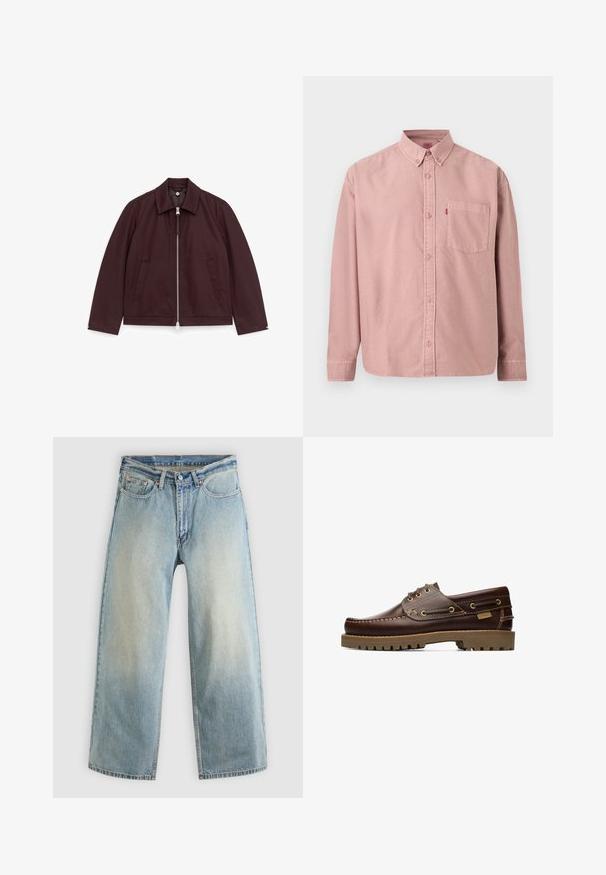 Donkerbruine ritsvest met kraag, lange mouwen en twee voorzakken met paspel, plat neergelegd op een witte achtergrond.; Roze overhemd met lange mouwen, knopen aan de voorkant, een borstzak en een button-down kraag, getoond tegen een effen achtergrond.; Lichtblauwe, wijde spijkerbroek met een verwaaide afwerking. Voorzien van een standaard ontwerp met vijf zakken en een metalen knoopsluiting.; Bruine leren veterschoen voor op een boot met gestikte details en een dikke rubberen zool, gezien vanaf de zijkant.
